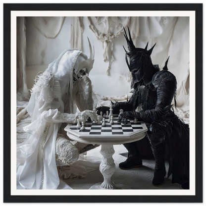 Chess game featuring Death and a dark knight in Kindled Celestial Dance framed poster