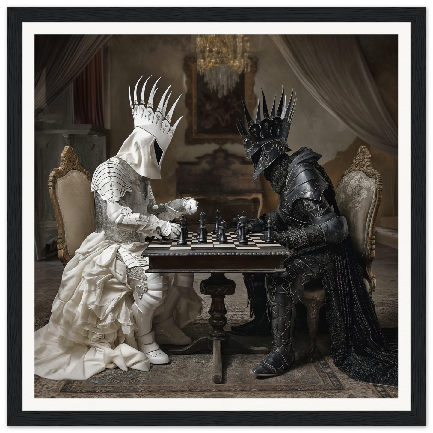 Two armored figures in black and white playing chess from Kinship Checkmates Cosmos