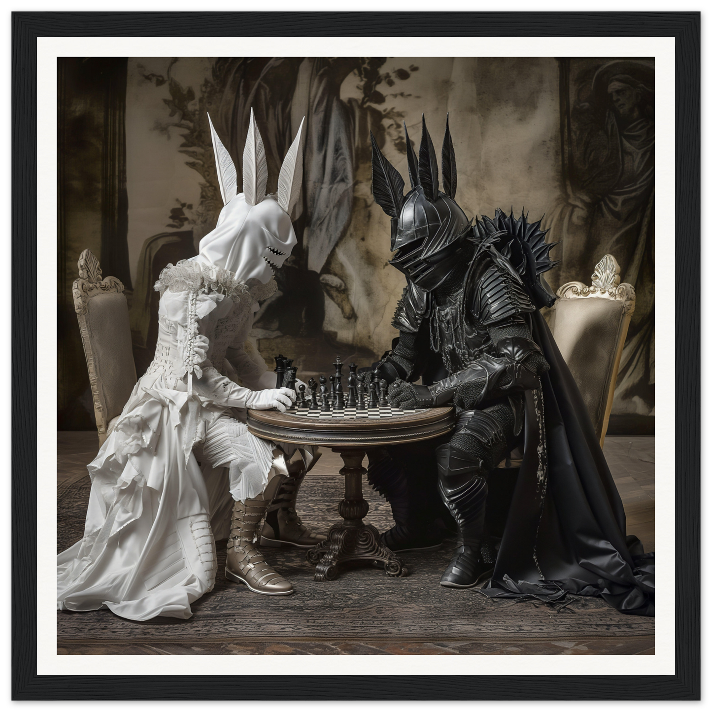 Two rabbit figures in black and white playing chess from Knighted Dreamscapes framed posters