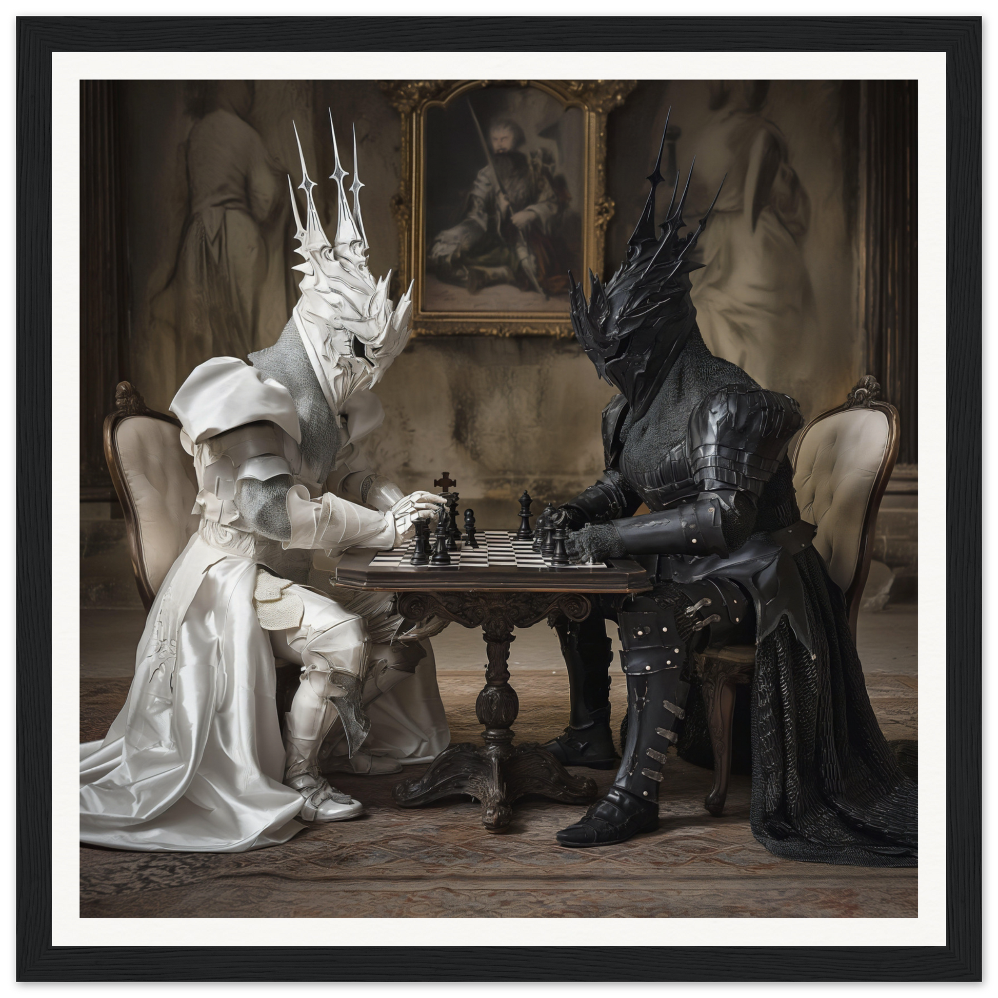 Two armored figures in black and white playing chess in Knights’ Cerebral Ballet art