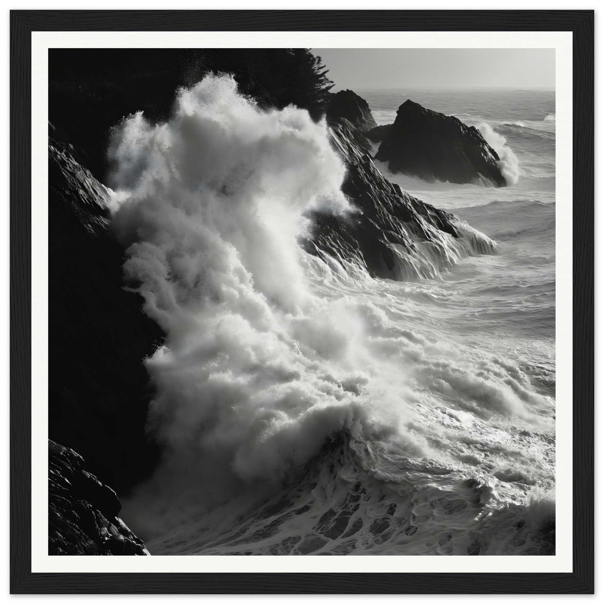 Dramatic powerful ocean waves crashing against rocky cliffs in a white seascape framed poster