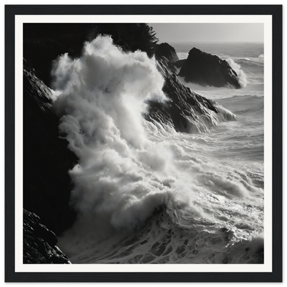 Dramatic powerful ocean waves crashing against rocky cliffs in a white seascape framed poster