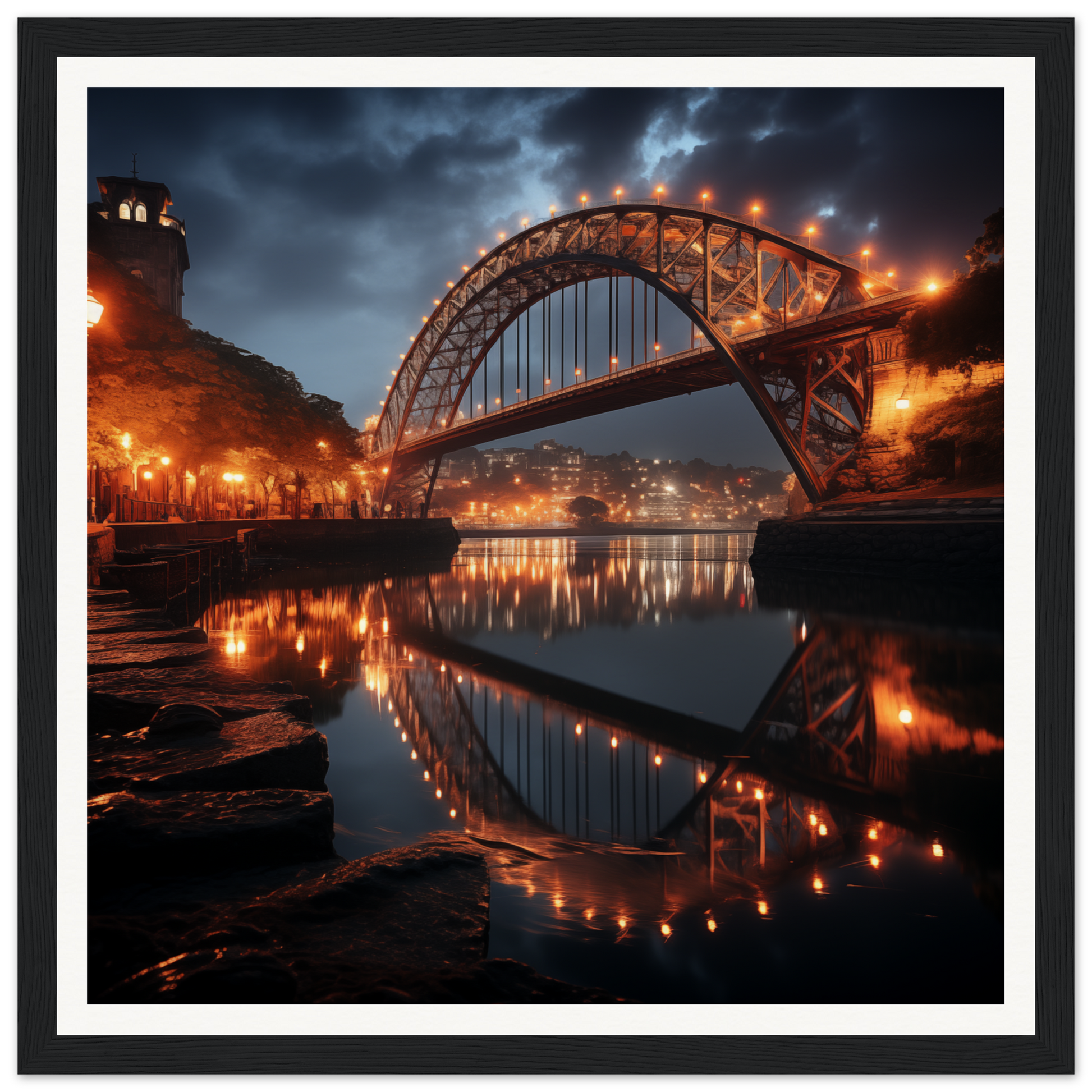 Stunning illuminated arched bridge reflecting in water - Lucid Lightways framed art