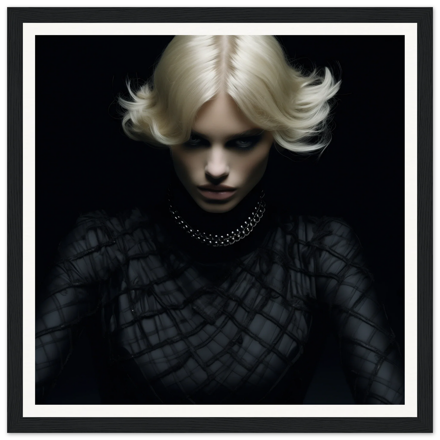 Dramatic portrait with platinum blonde hair in Luminous Gothic Whispers framed art