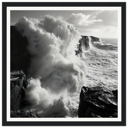 Majestic ocean waves crash on cliffs in a stunning Tempest Dance framed artwork