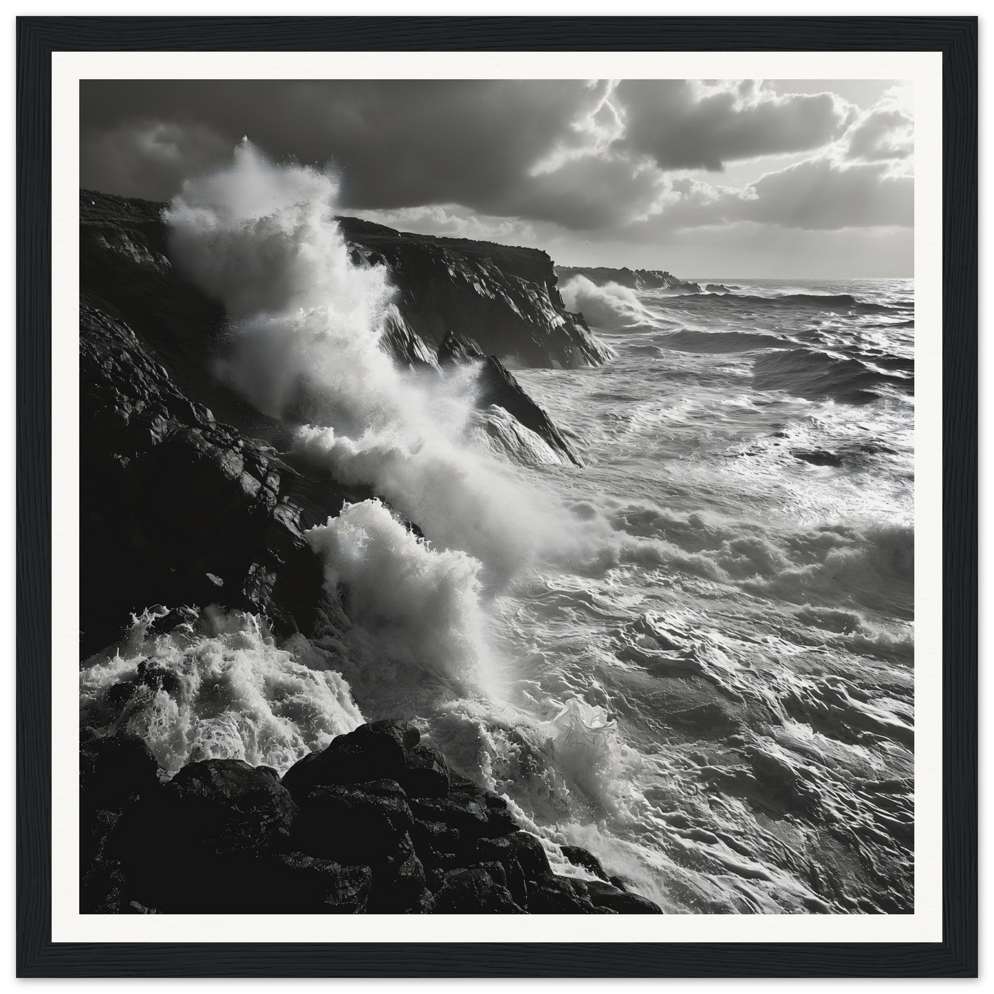 Powerful ocean waves crashing on cliffs in Mystic Tempest Waltz framed poster