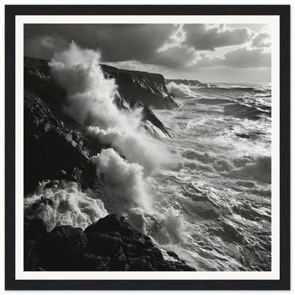 Powerful ocean waves crashing on cliffs in Mystic Tempest Waltz framed poster