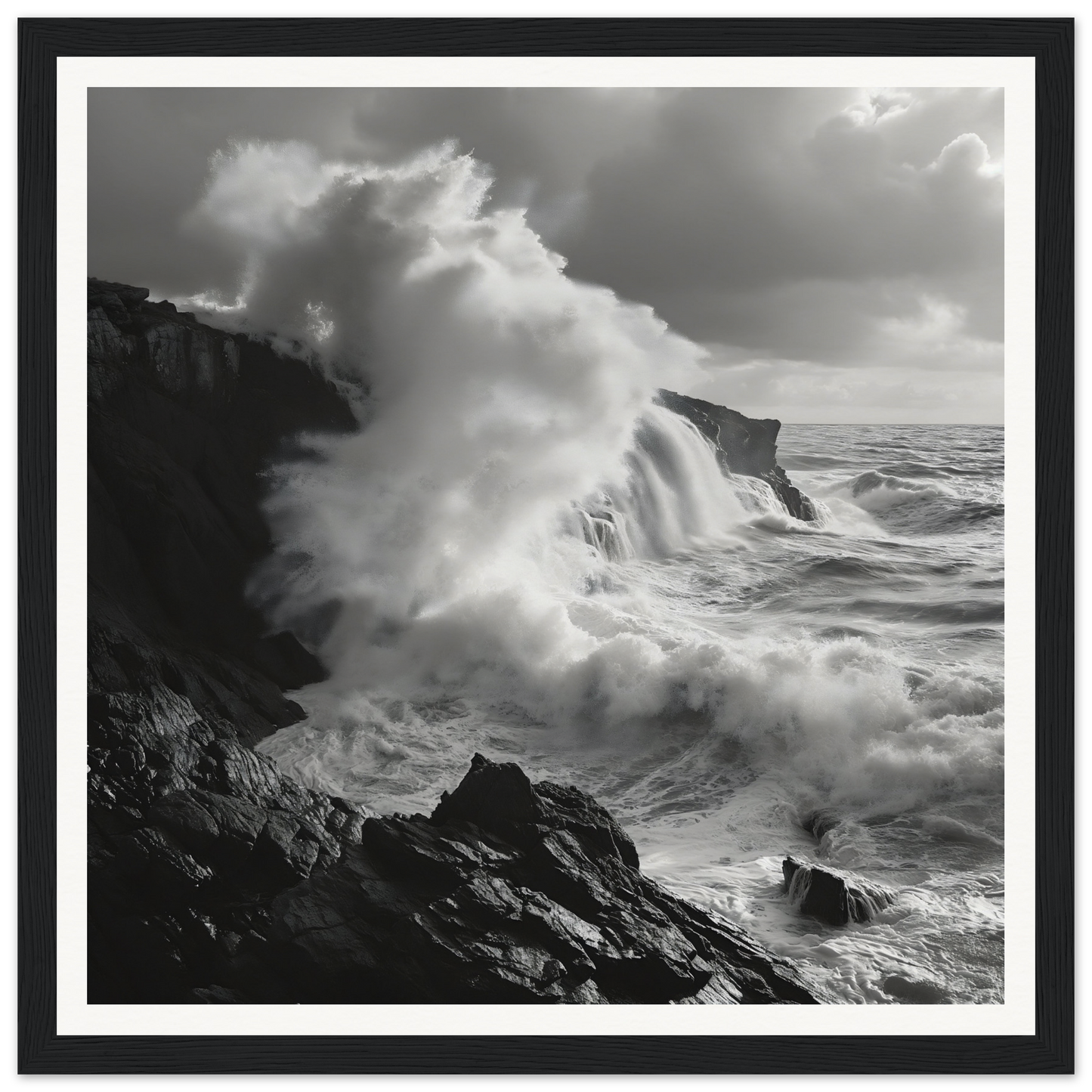 Powerful ocean waves crashing on rocky cliffs in Nature’s Whispered Conquest special edition art™