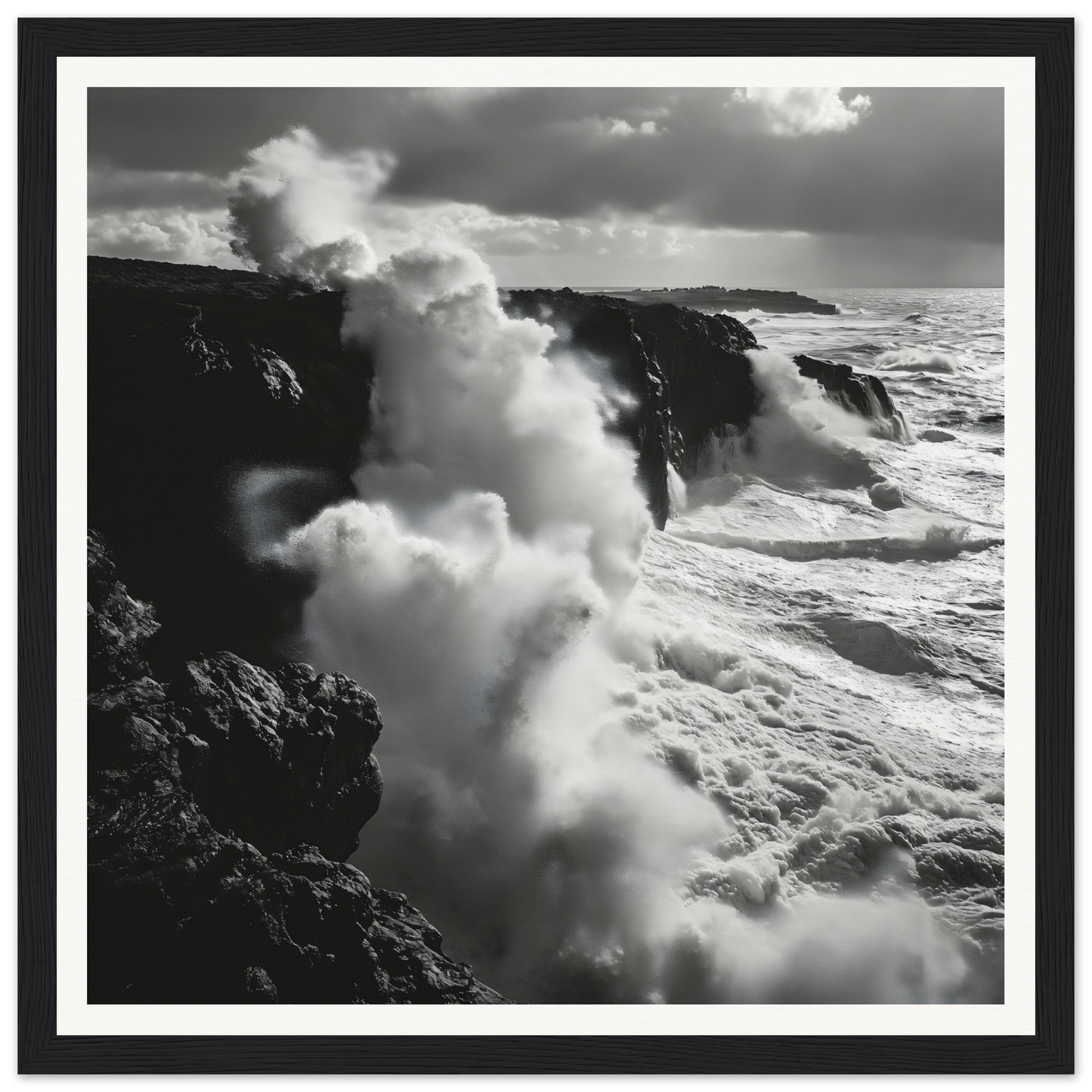 Powerful ocean waves crashing on cliffs in Ocean Roars Symphony framed poster art