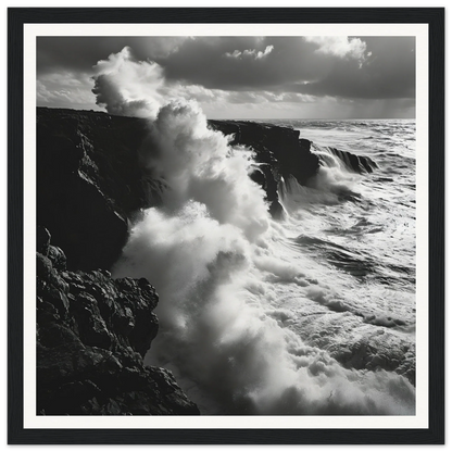 Powerful ocean waves crash on dark cliffs in Ocean’s Rhapsody Reflections art™