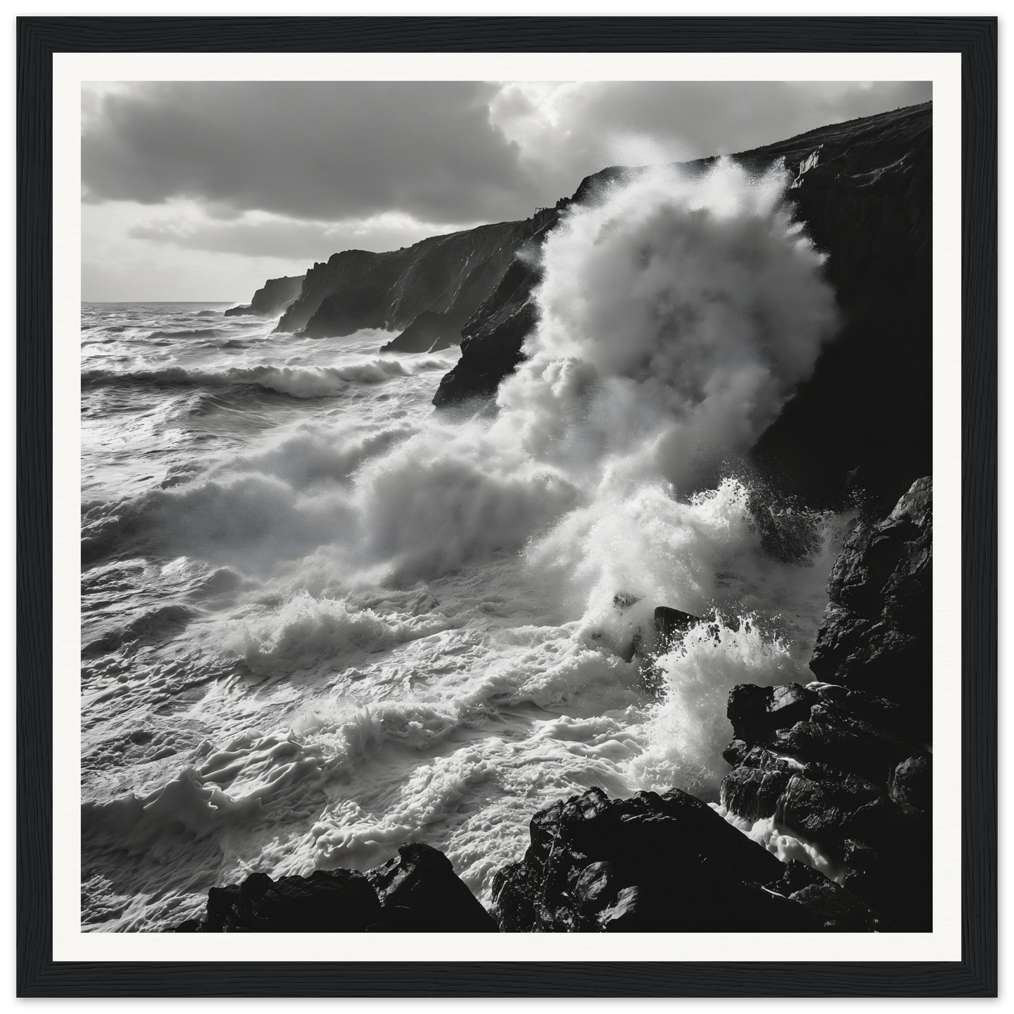 Powerful ocean waves crash on cliffs, featured in Ocean’s Untamed Poems special edition art™