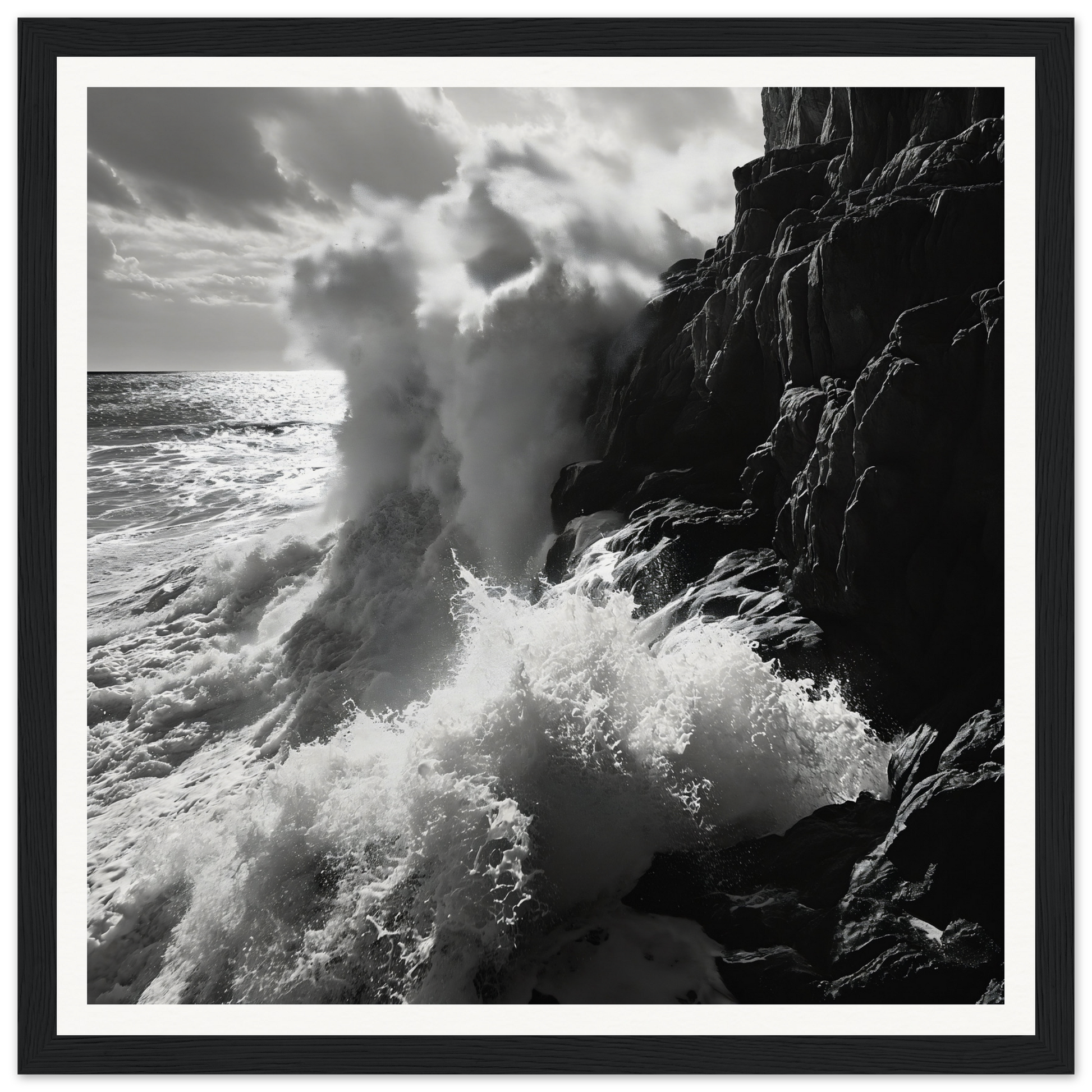 Ocean’s Unyielding Fury: Powerful waves crashing on dark cliffs in stunning art print