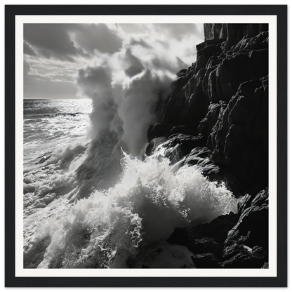 Ocean’s Unyielding Fury: Powerful waves crashing on dark cliffs in stunning art print