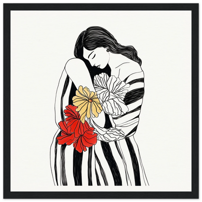 Line drawing of a figure in a striped dress holding flowers from Blossom Dreamscape Odyssey