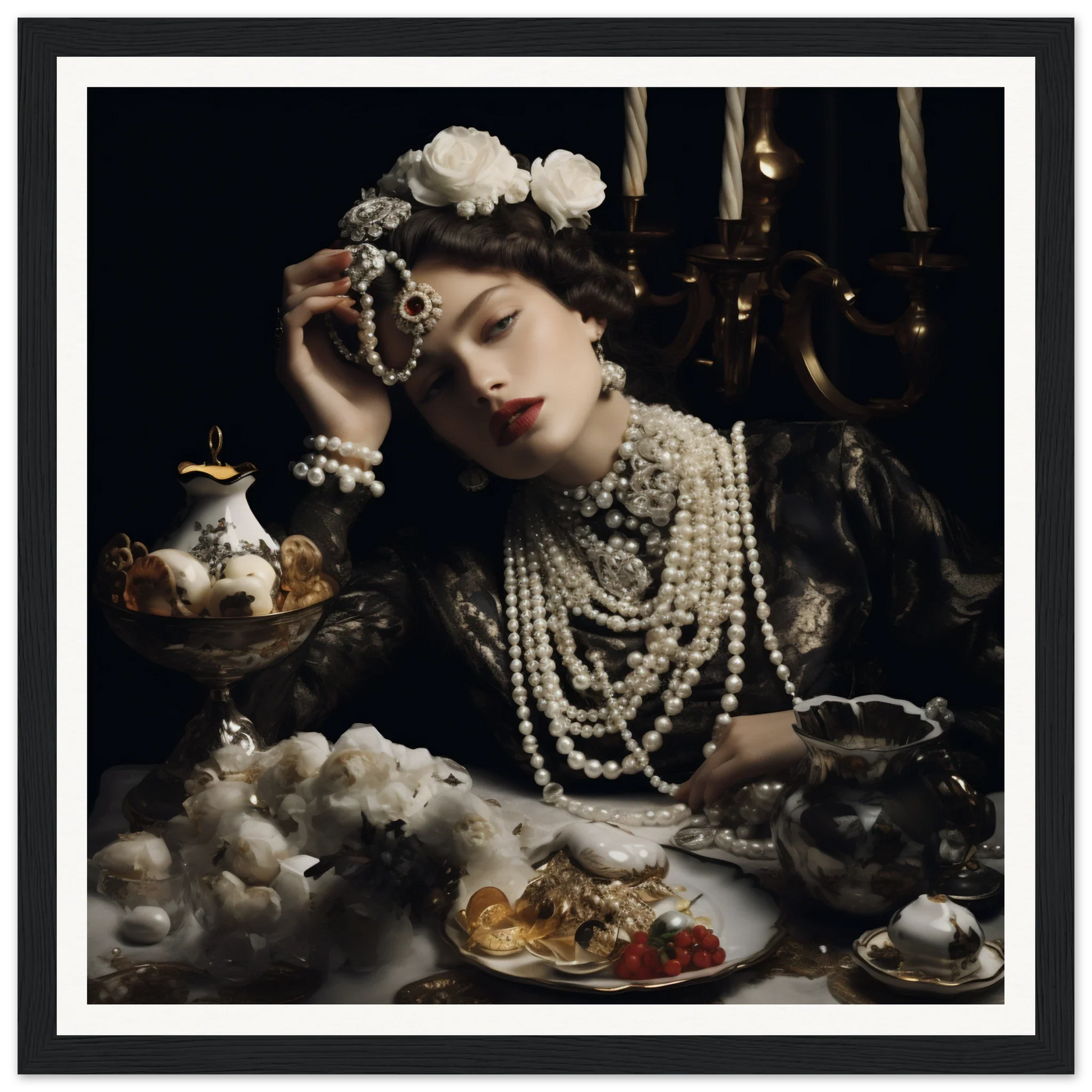 Dramatic portrait showcasing layers of pearl necklaces from Opulence’s Quiet Soul collection