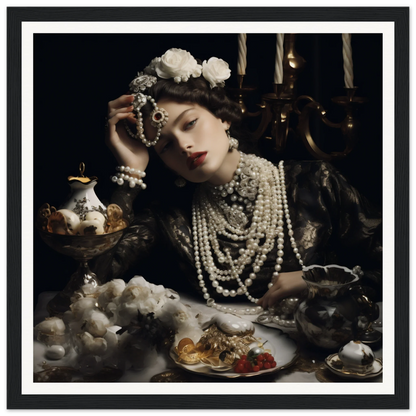 Dramatic portrait showcasing layers of pearl necklaces from Opulence’s Quiet Soul collection