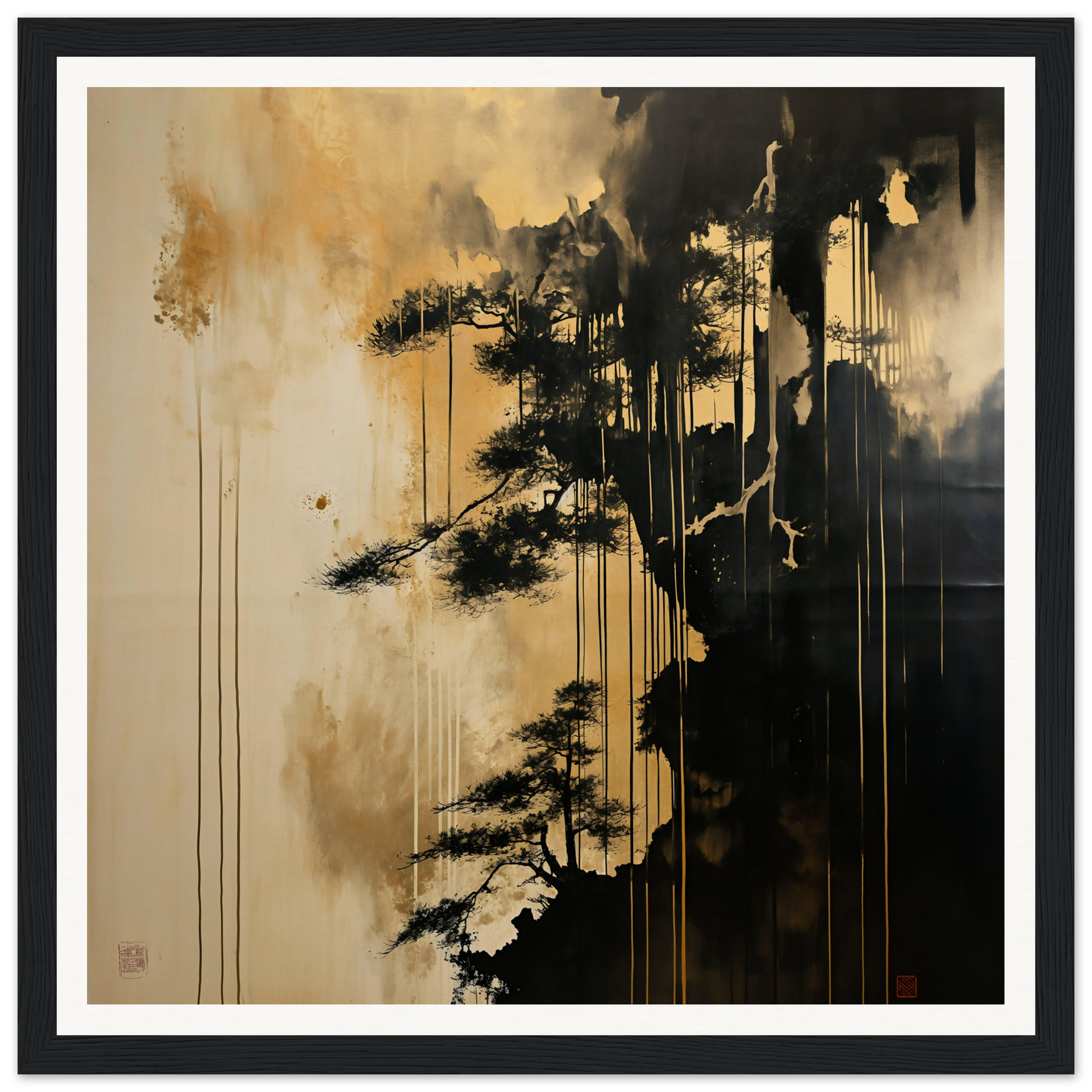 Pine Fog Reverie art features a pine tree silhouette with black and gold paint effects