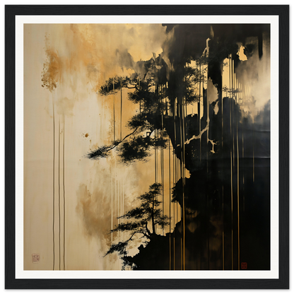 Pine Fog Reverie art features a pine tree silhouette with black and gold paint effects