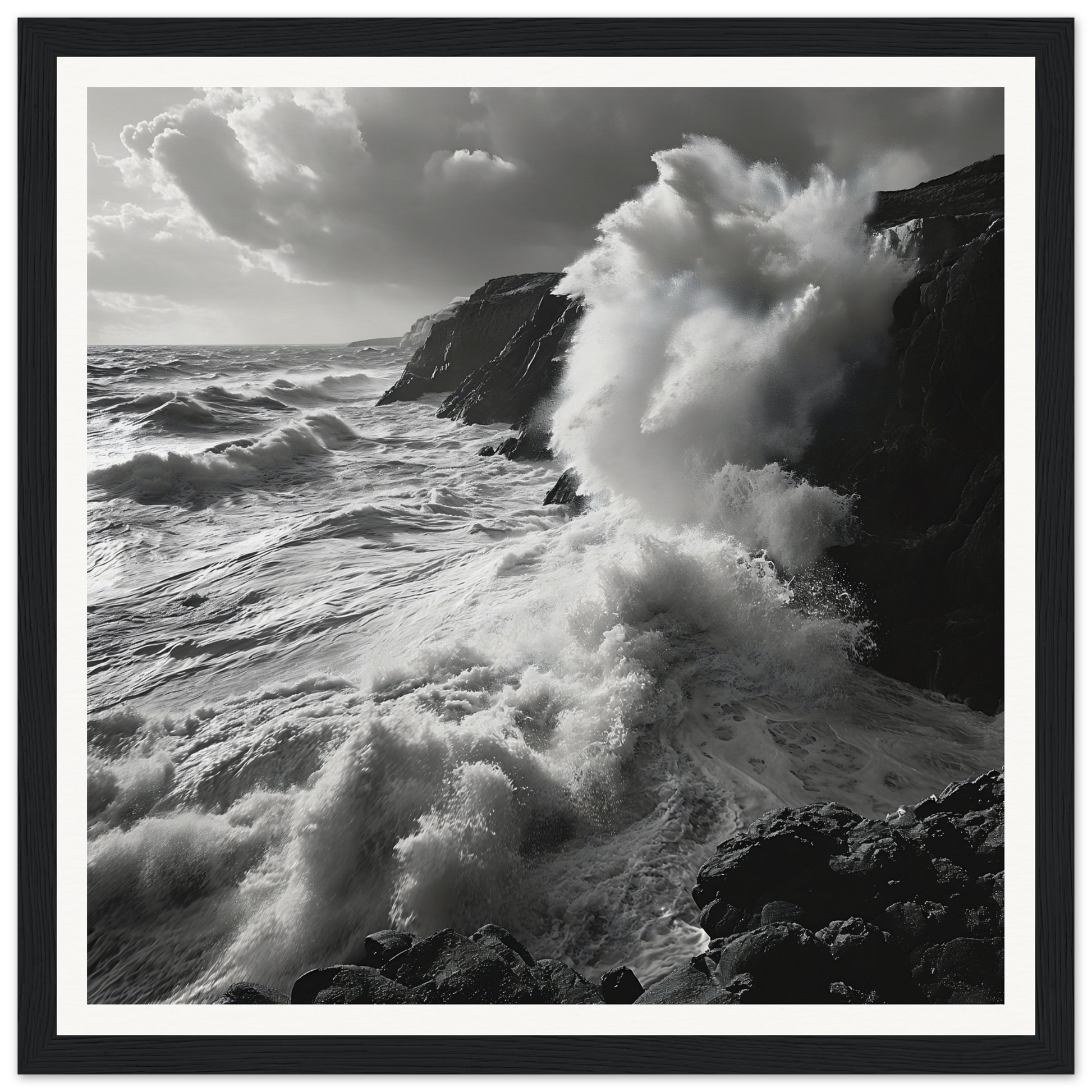 Powerful ocean waves crashing on cliffs in Primal Ocean Symphony framed masterpiece