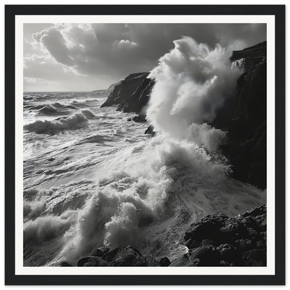 Powerful ocean waves crashing on cliffs in Primal Ocean Symphony framed masterpiece