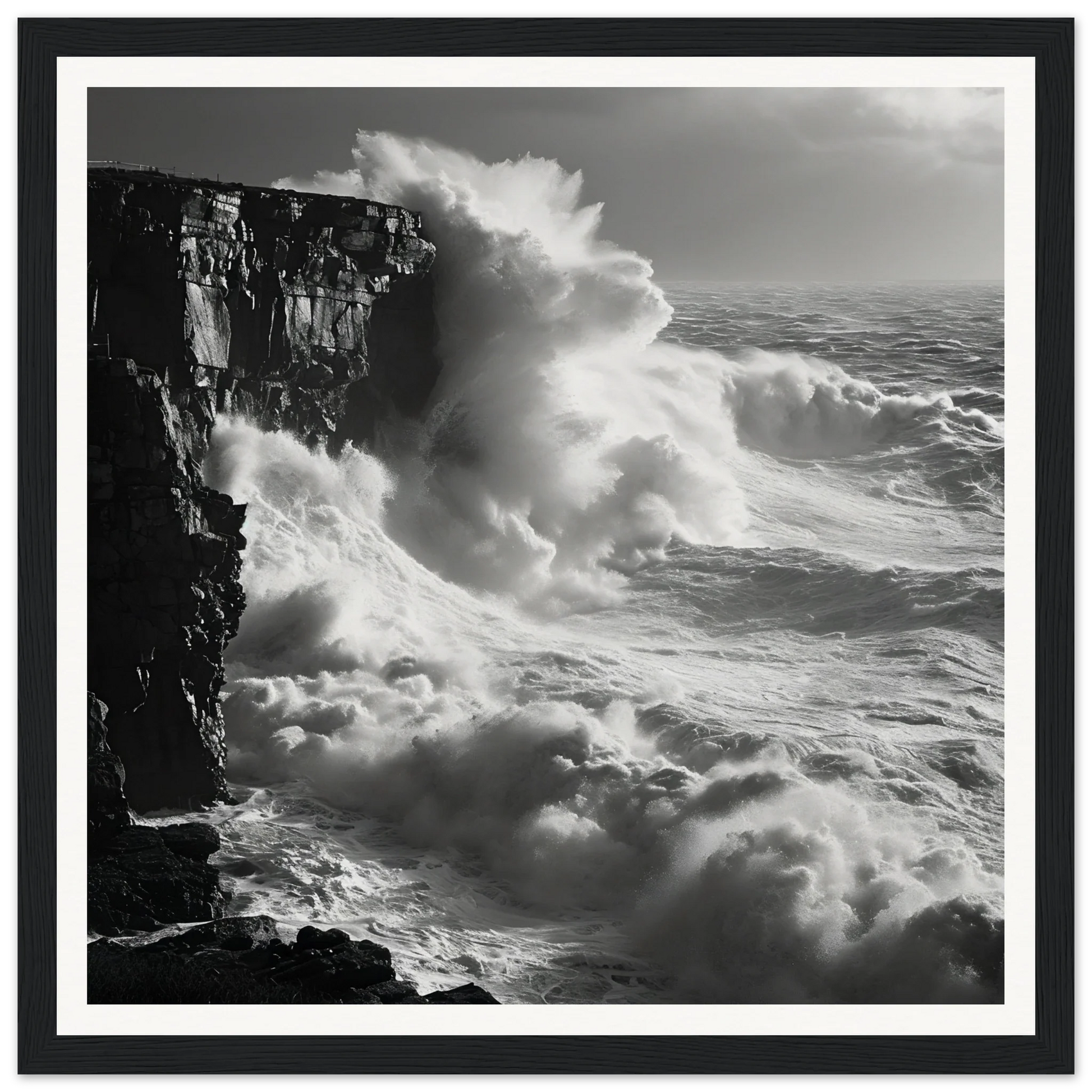 Powerful ocean waves crashing on cliffs in Relentless Ocean’s Ballet framed poster