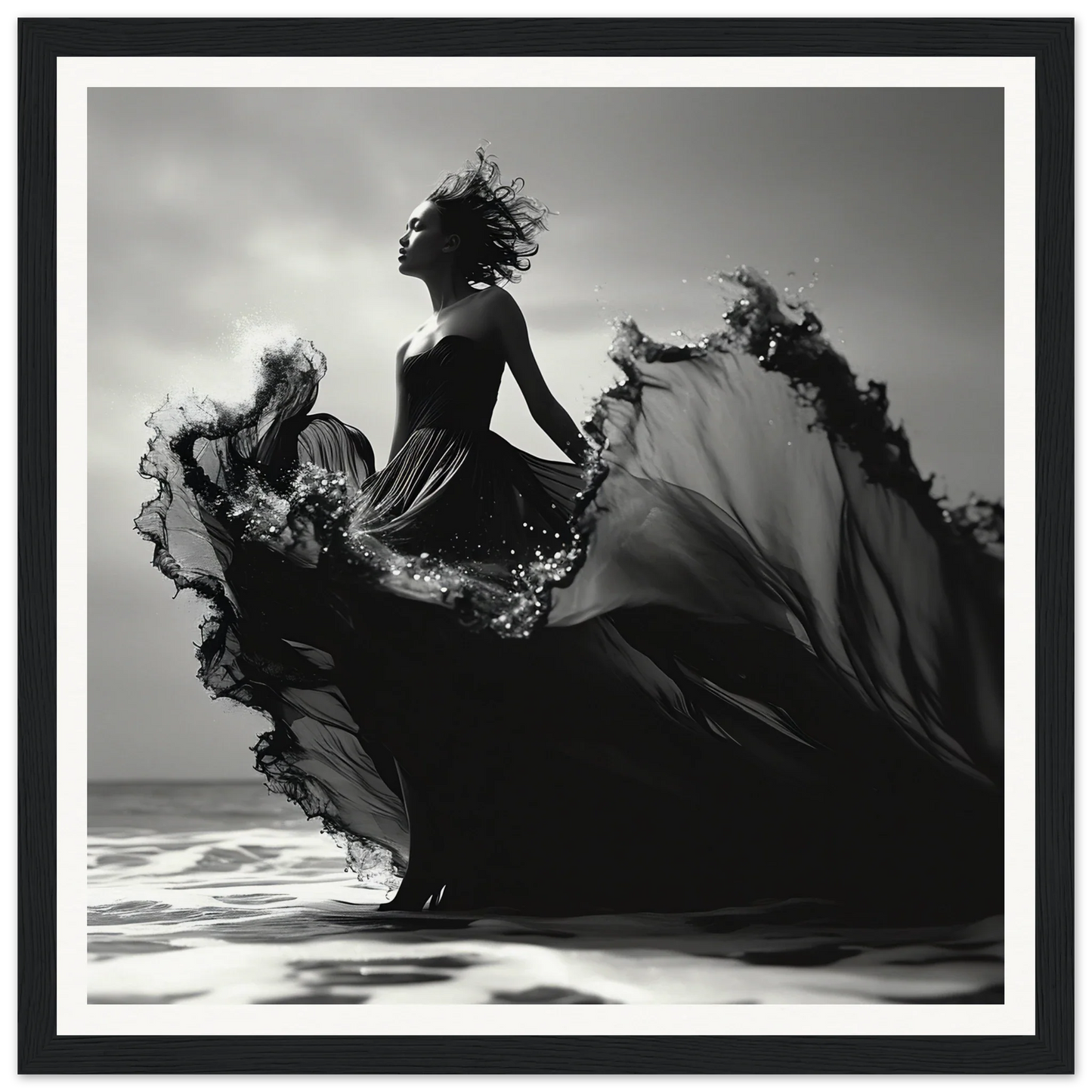 Silhouetted figure in black dress leaping over water in Sea Elegance Ascends art piece