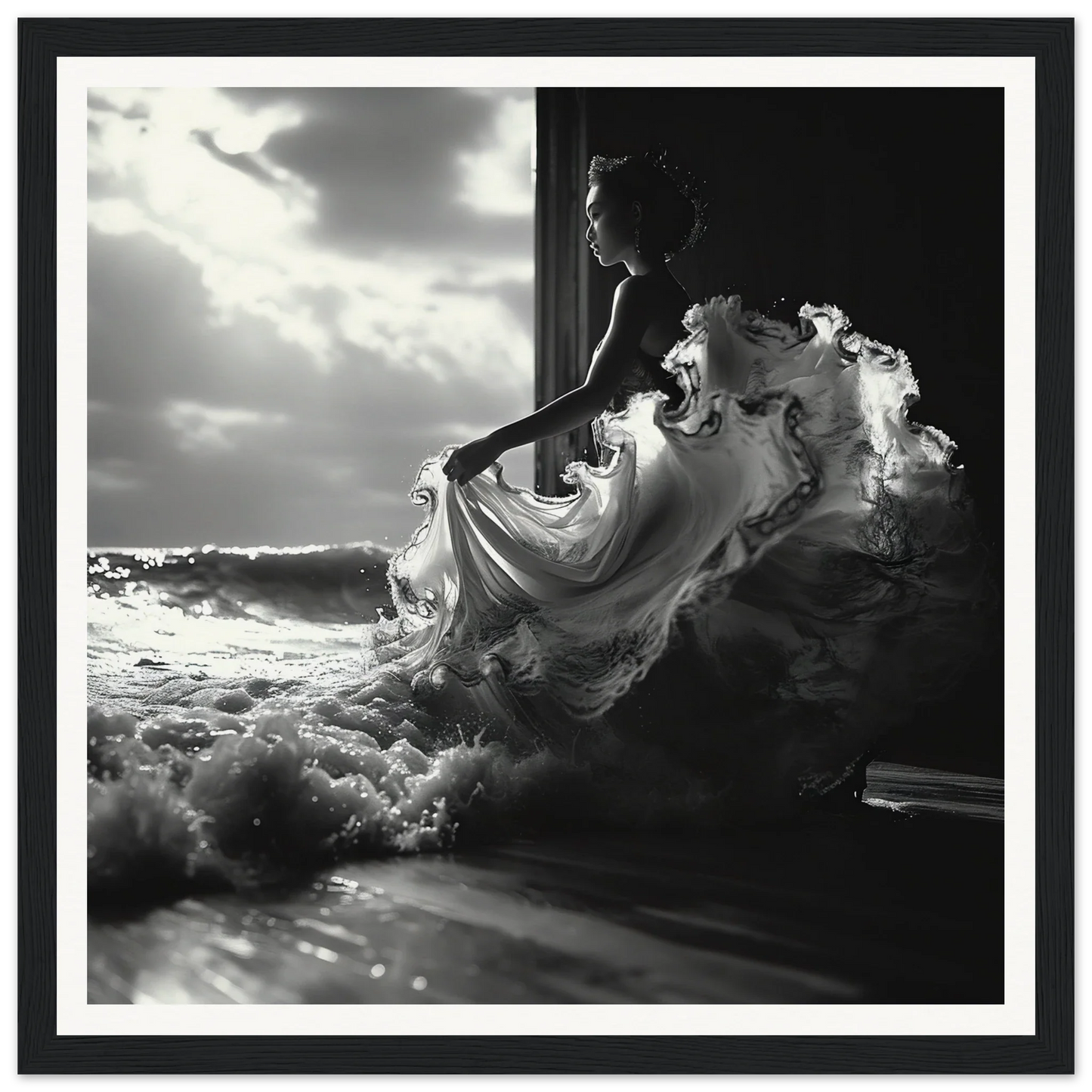 Flowing white dress in silhouette from Seas Dream Salutations special edition art™