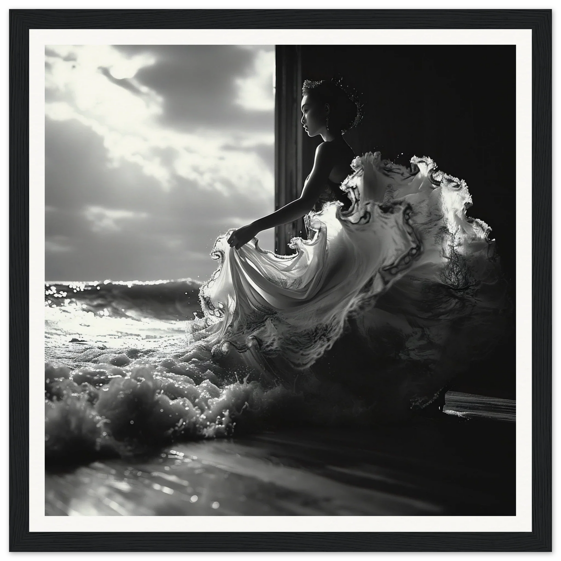Flowing white dress in silhouette from Seas Dream Salutations special edition art™