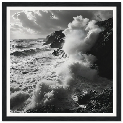 Powerful ocean waves crashing on rocky cliffs in Sea’s Relentless Requiem artwork