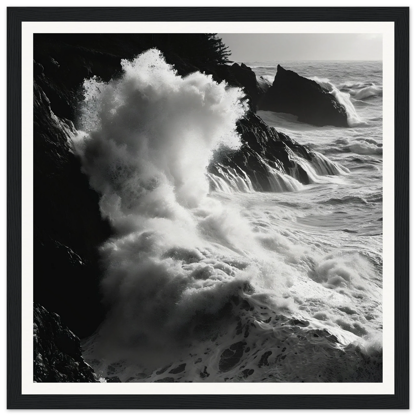 Powerful ocean waves crash into rocky cliffs in Seas Slaps Struzgwžues framed art