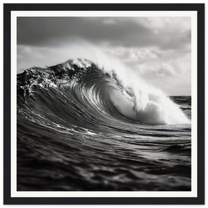 Curling ocean wave with spray, capturing Sea’s Thunderous Elegy in a framed poster