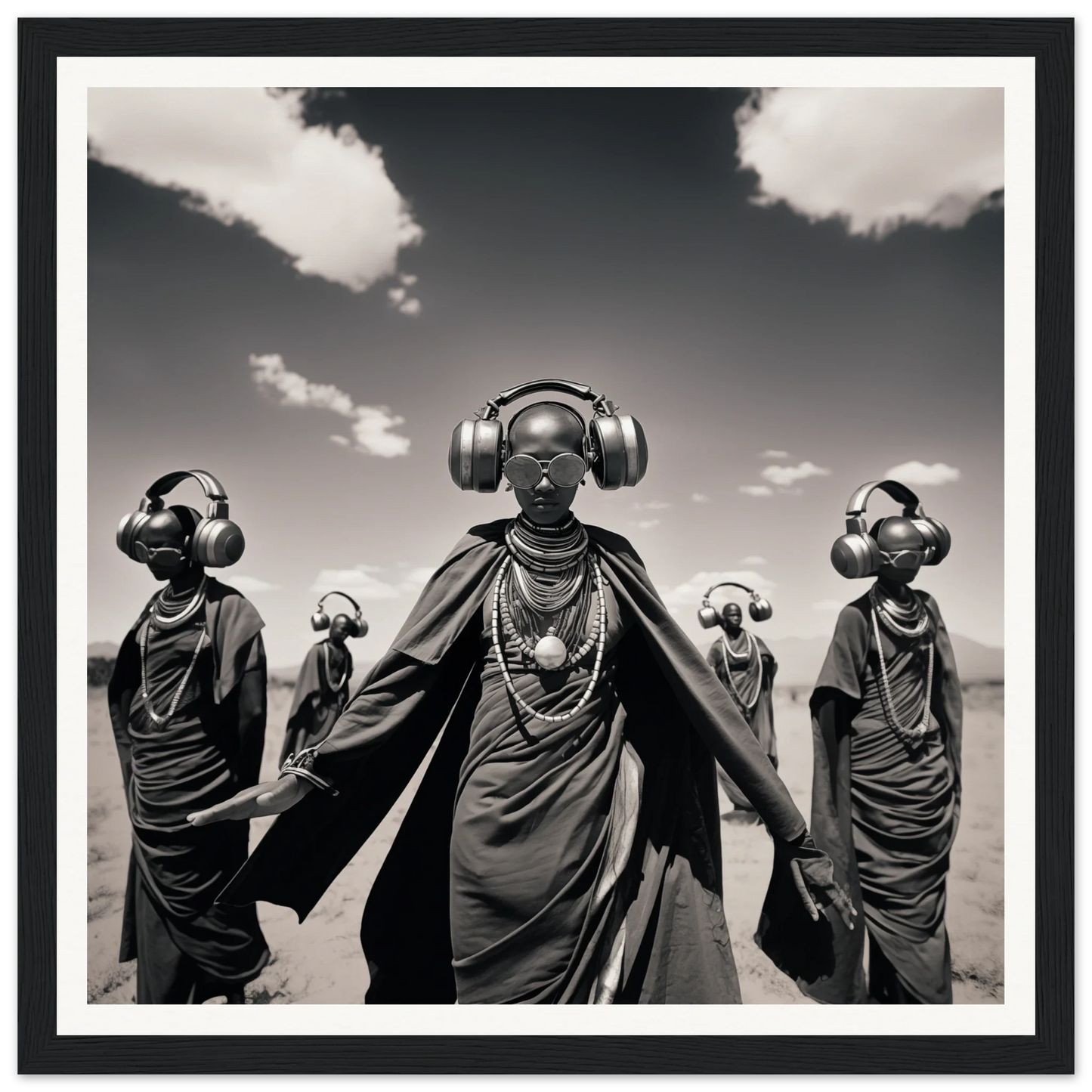 Striking black and white image of traditional African figures with modern headphones in Serengeti Space Odyssey