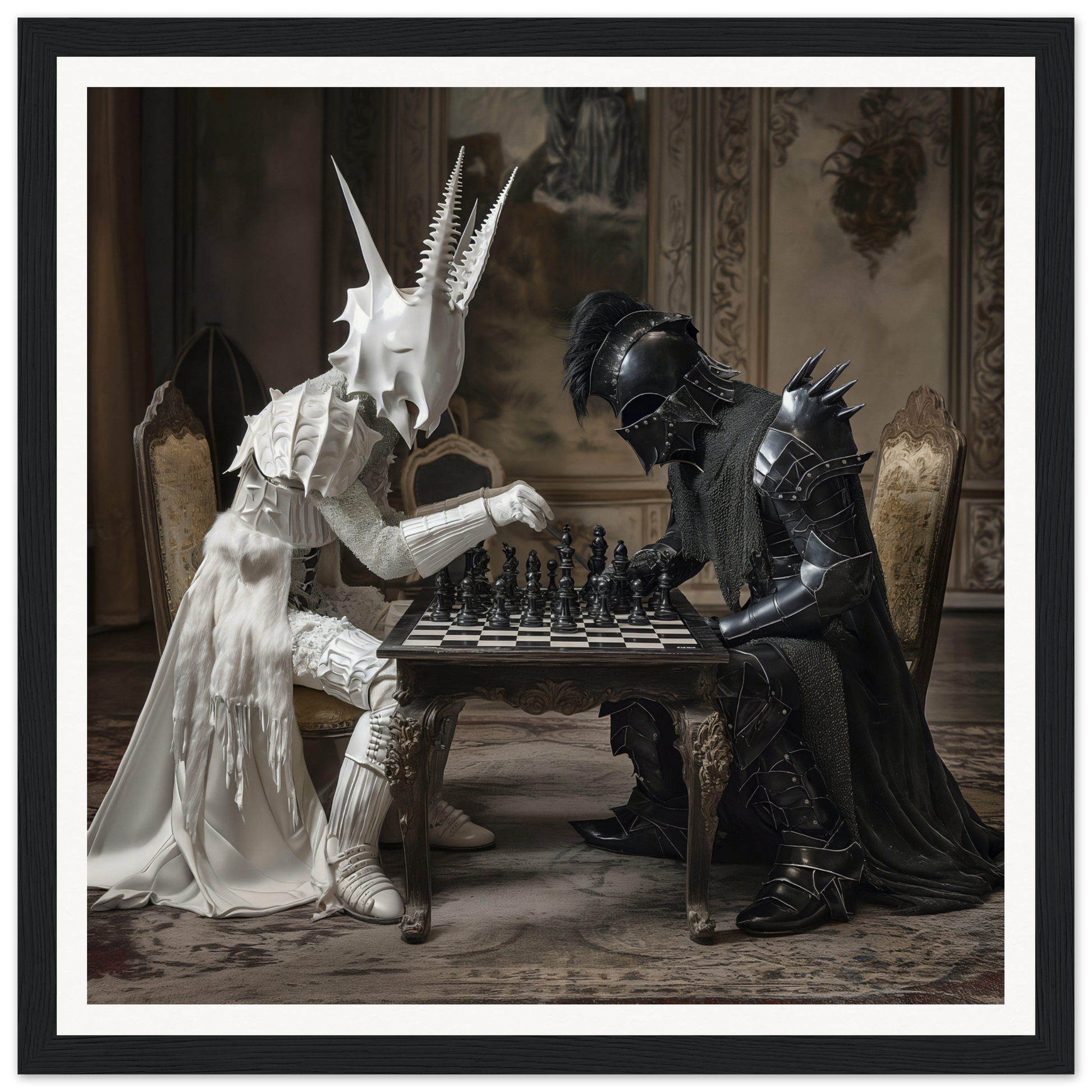 Two armored figures in black and white chess costumes from Serpentine Strategists Duel