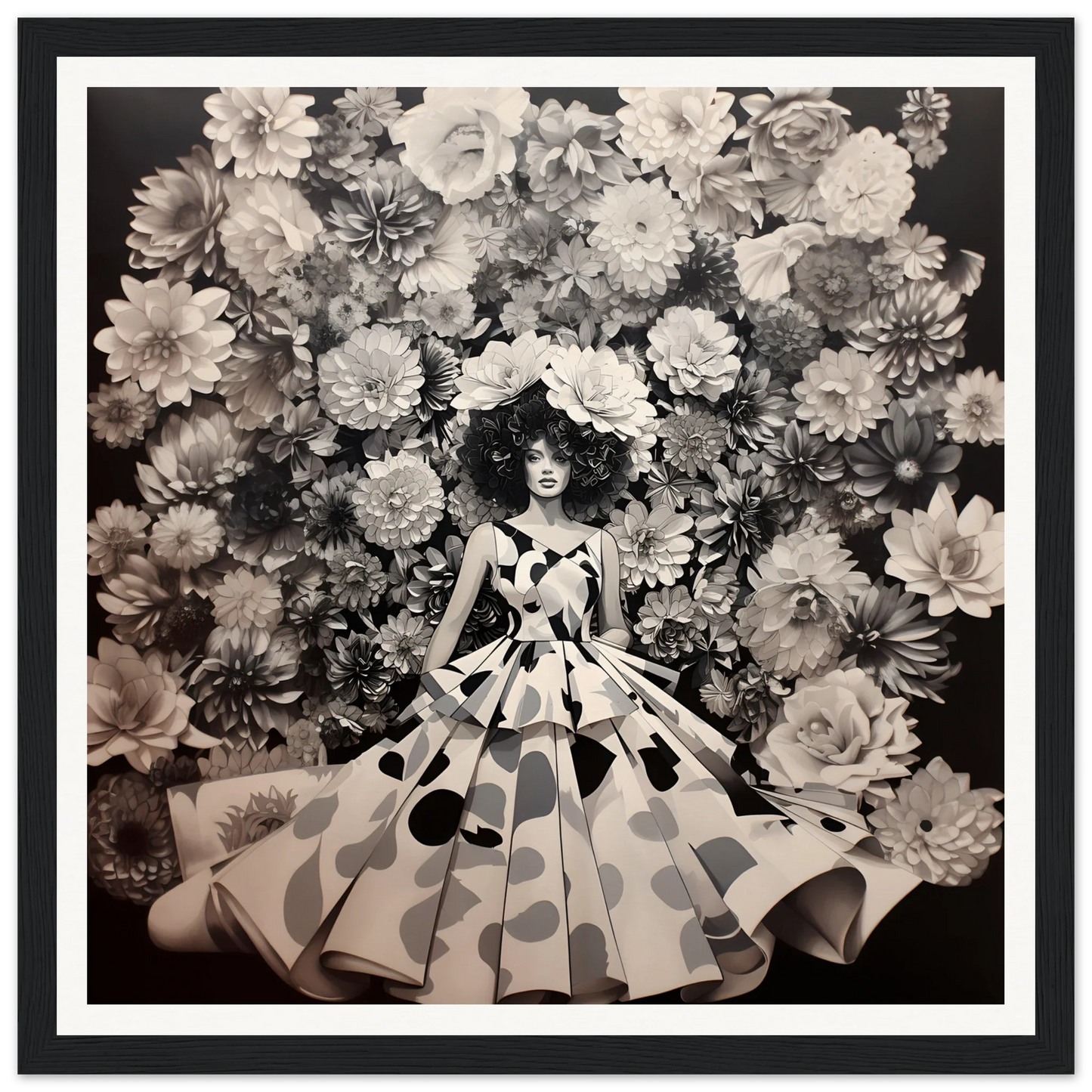 A woman in a polka dot ball gown amidst blooms in Sprung Graced Reverie art print