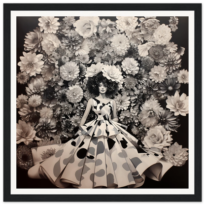 A woman in a polka dot ball gown amidst blooms in Sprung Graced Reverie art print