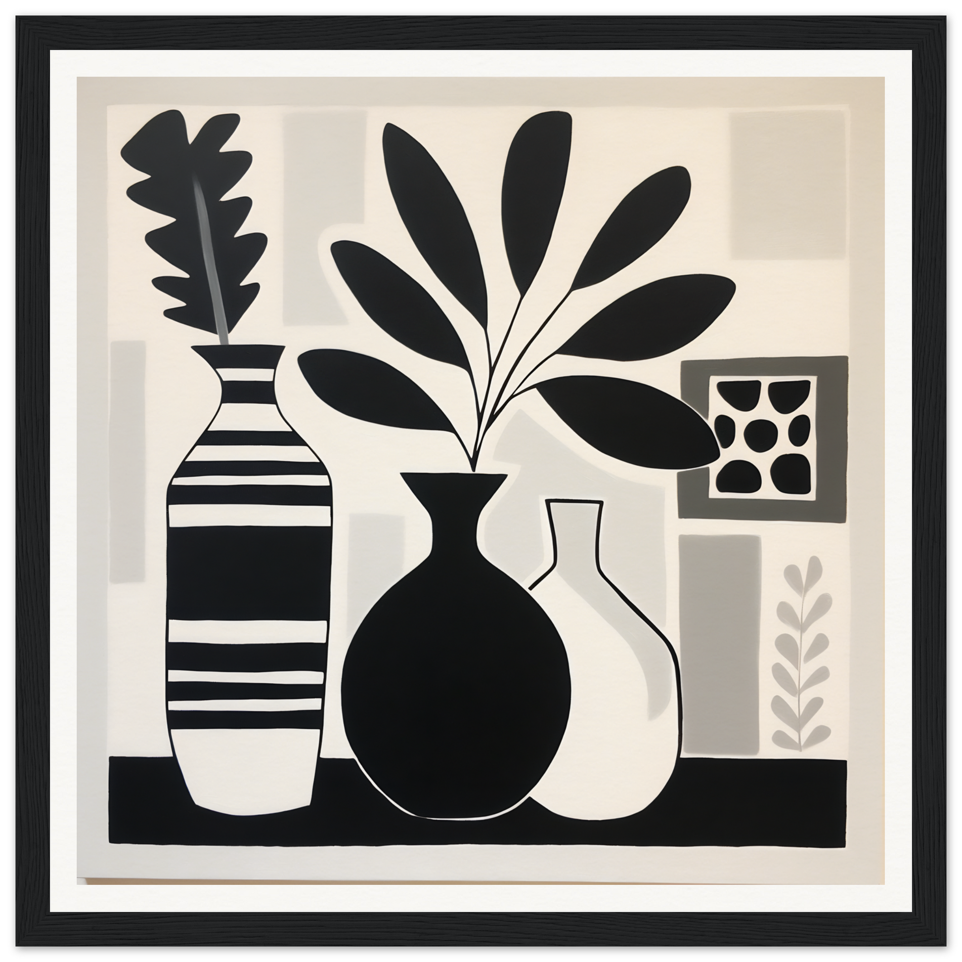 Three decorative vases with botanical elements in Stillness Serenade Meditations style
