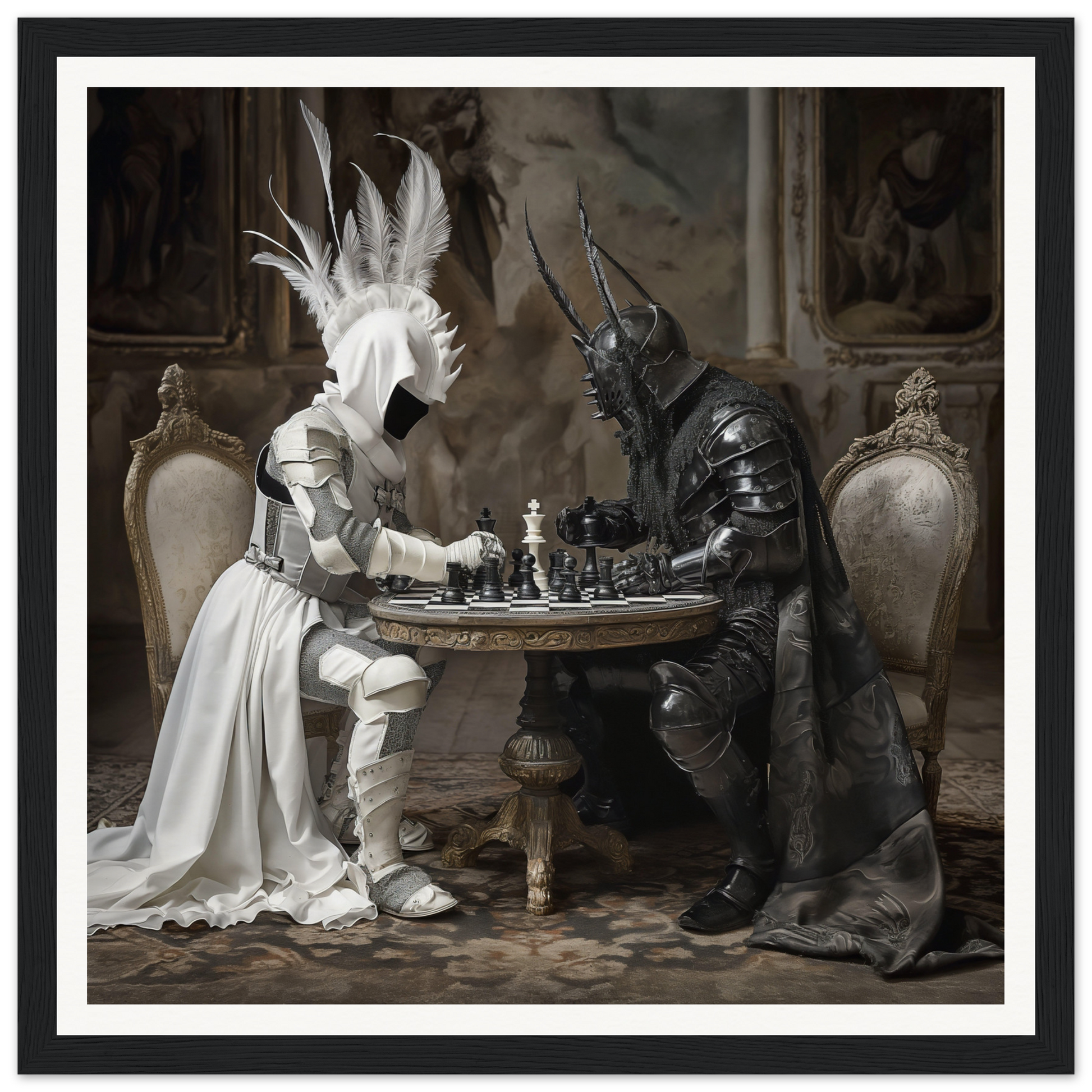 Two armored figures playing chess at an ornate table from Strategic Enigma Echoes