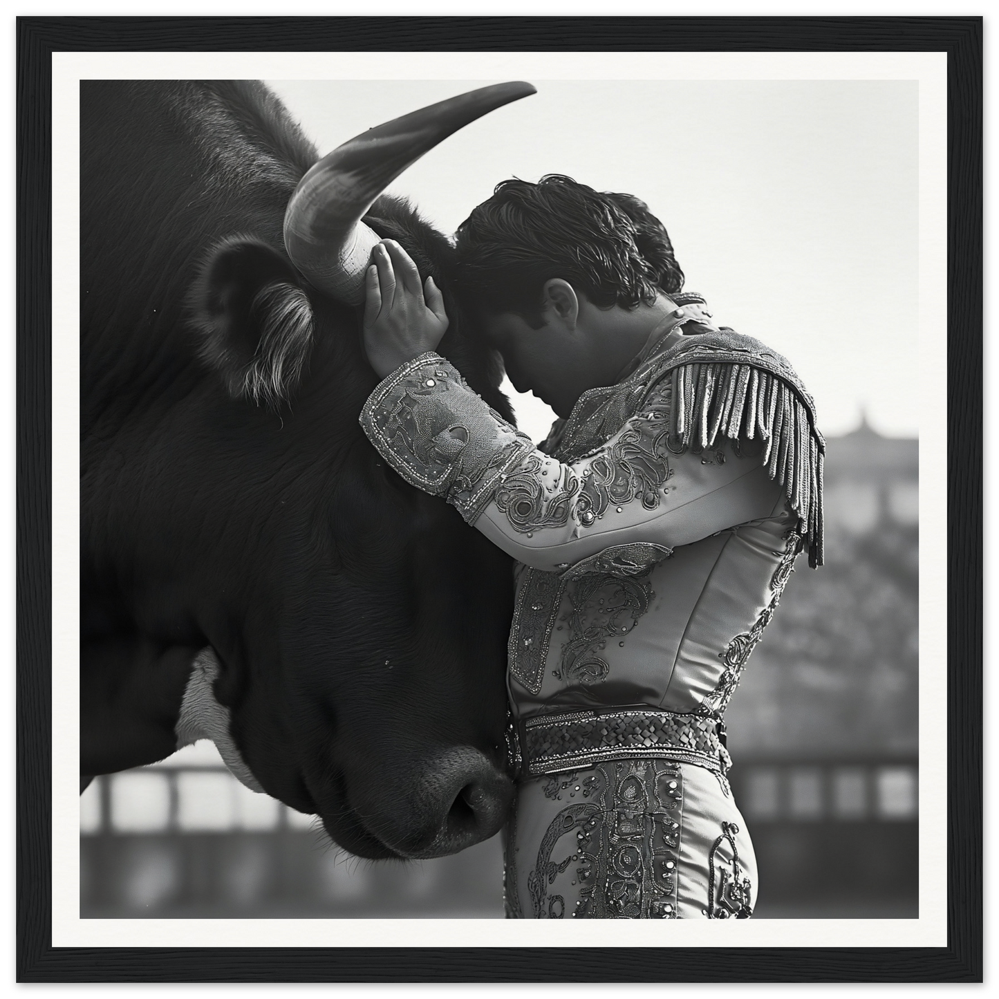 Matador in ornate suit sharing a moment with a bull in Sul T Toreador’s Reverie art