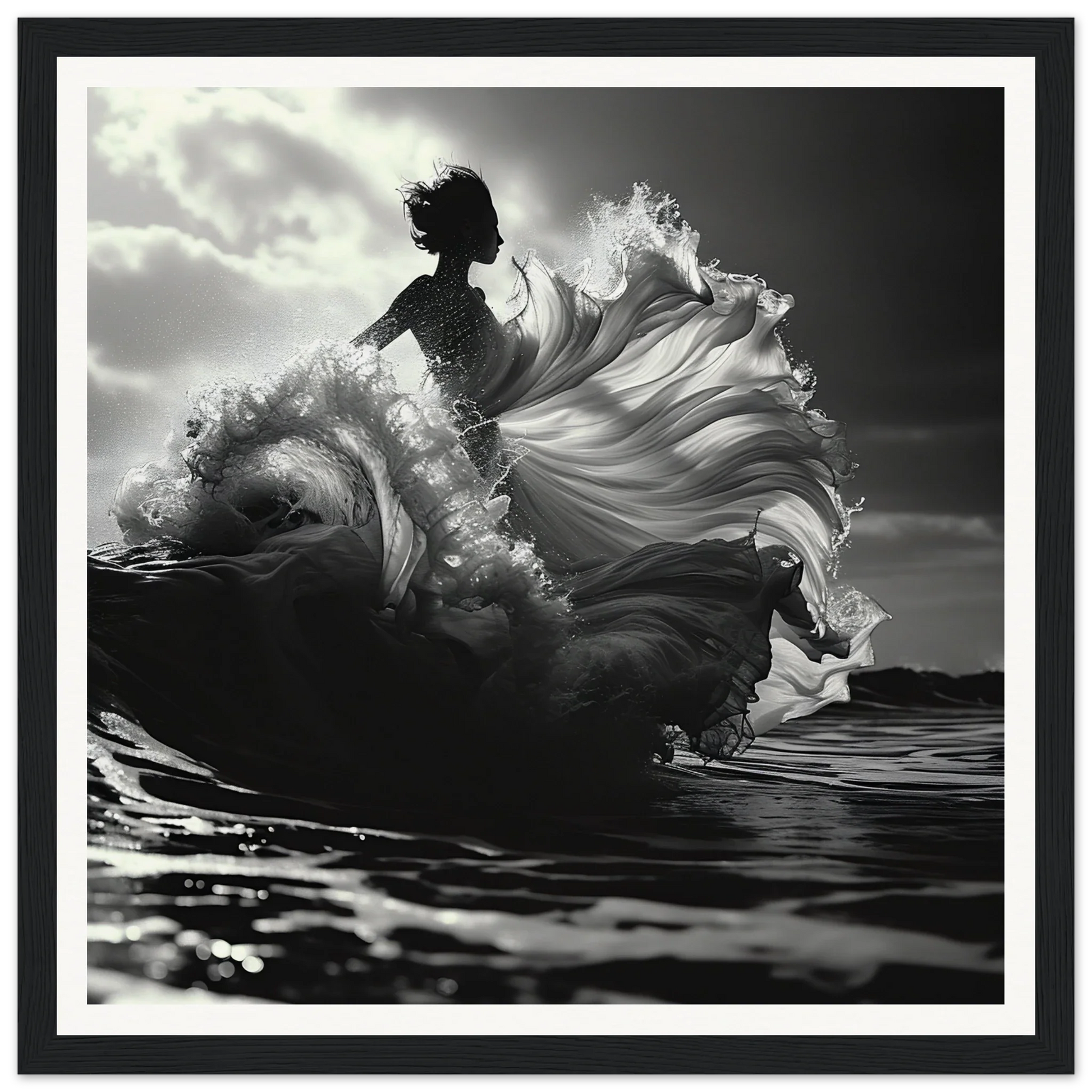 Silhouetted figure in swirling fabric waves for Swirling Euphoria Dance art poster