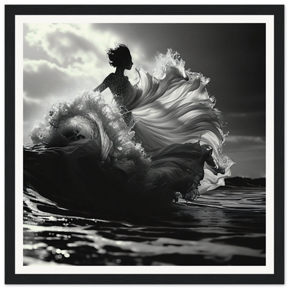 Silhouetted figure in swirling fabric waves for Swirling Euphoria Dance art poster