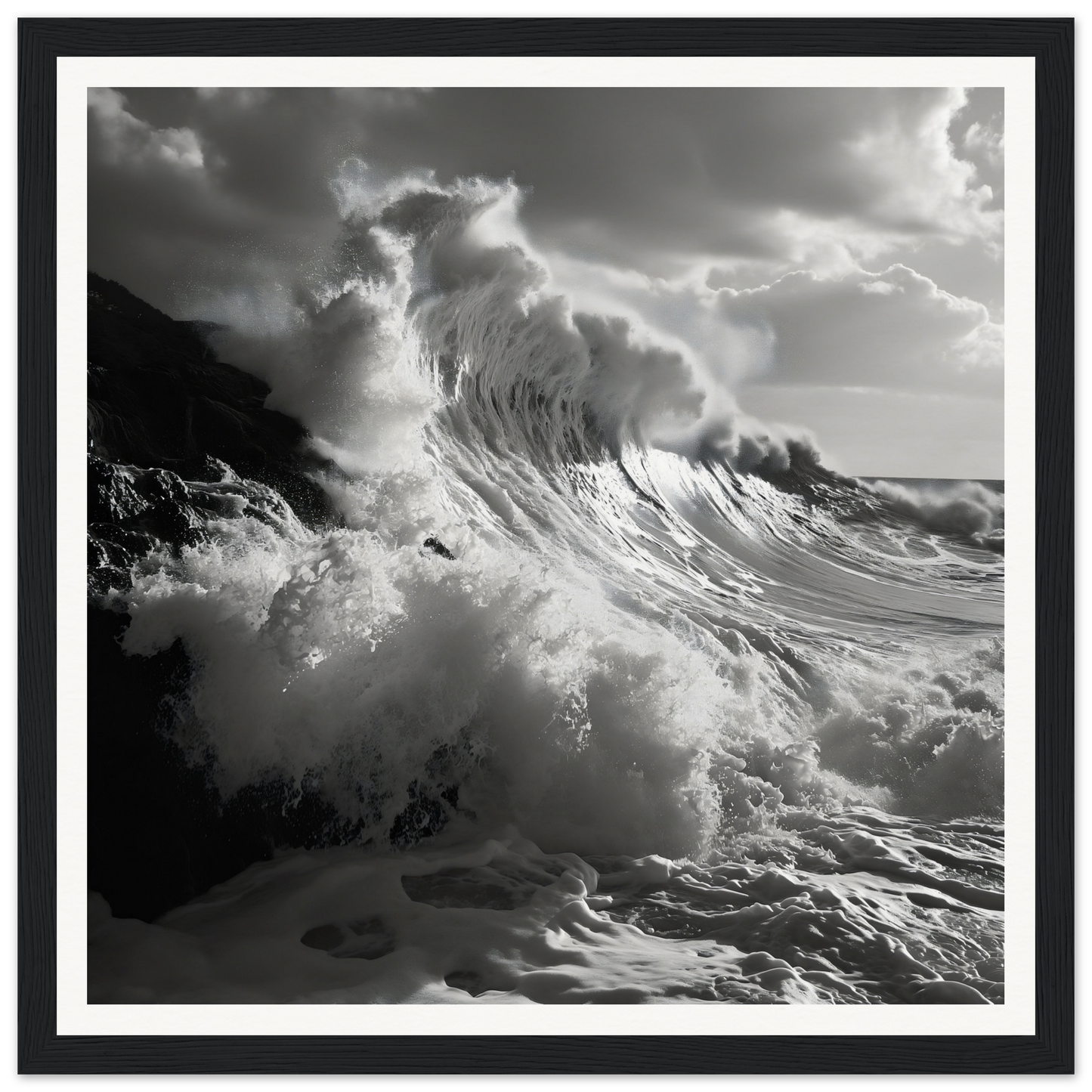 Dramatic ocean wave curls, crashing in Tempestuous Dance Tribute framed poster design