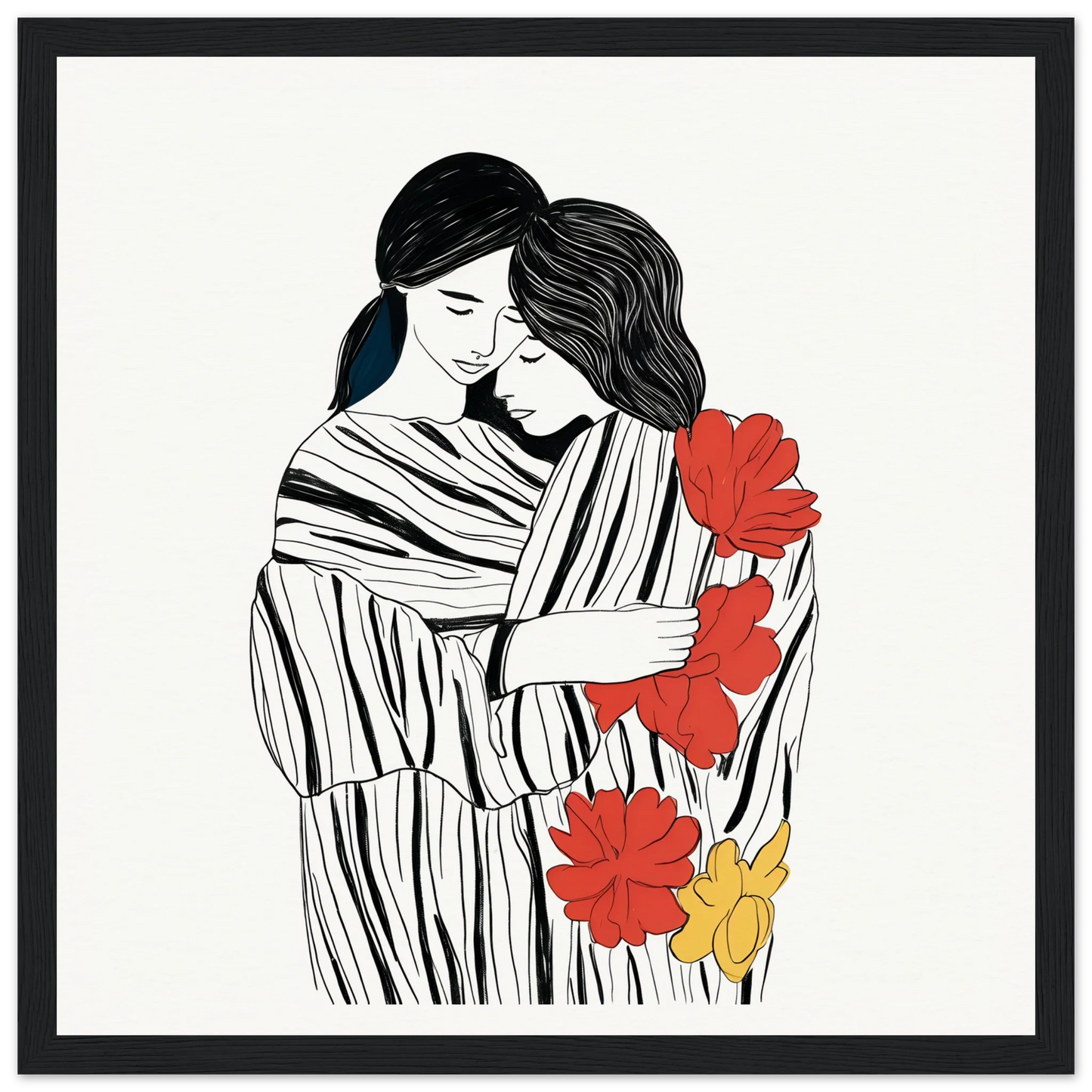 Line drawing of two people embracing with flowers, a perfect Tender Embrace Symphony art print