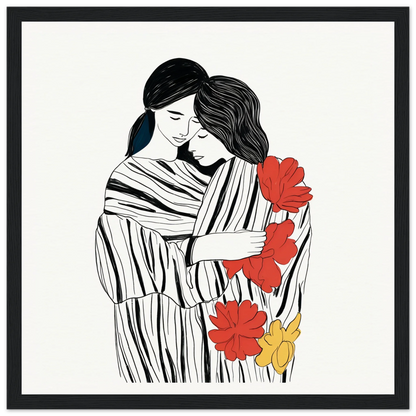 Line drawing of two people embracing with flowers, a perfect Tender Embrace Symphony art print