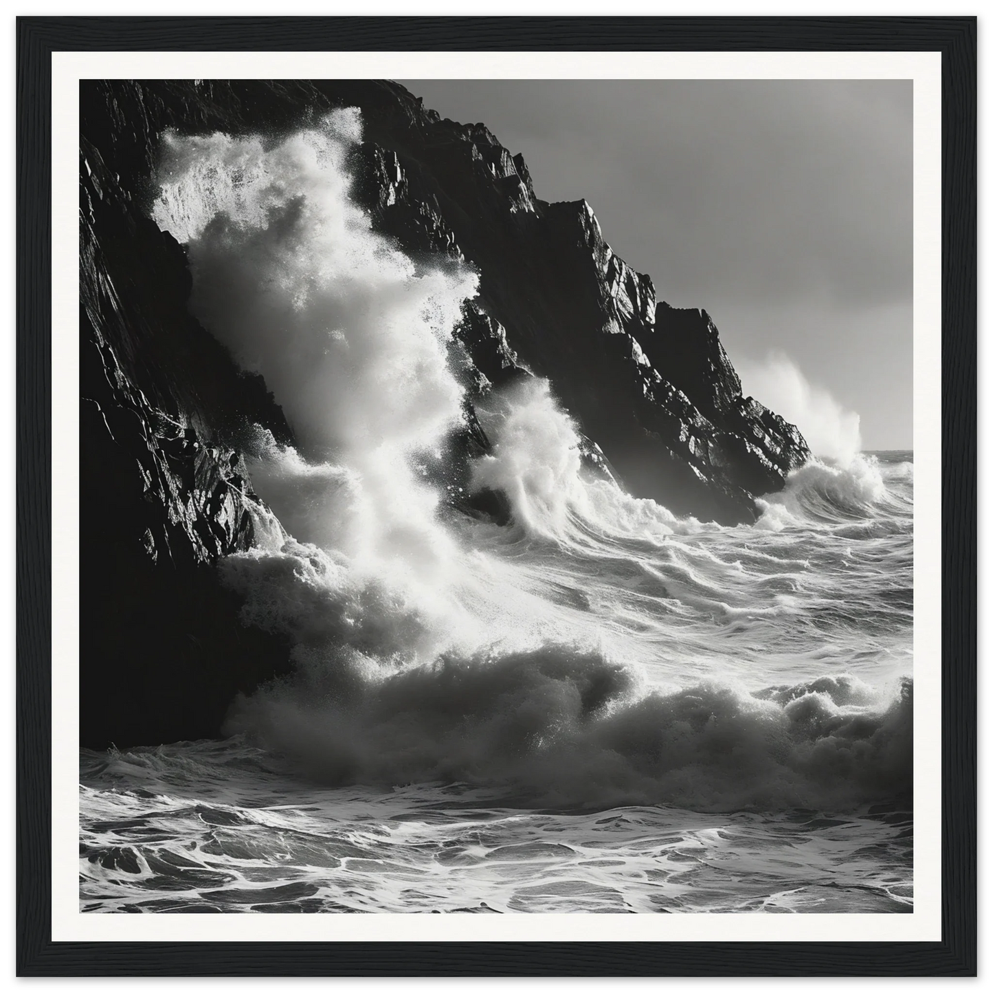 Powerful ocean waves crash on cliffs in Tidal Unfurl Dance framed wall art