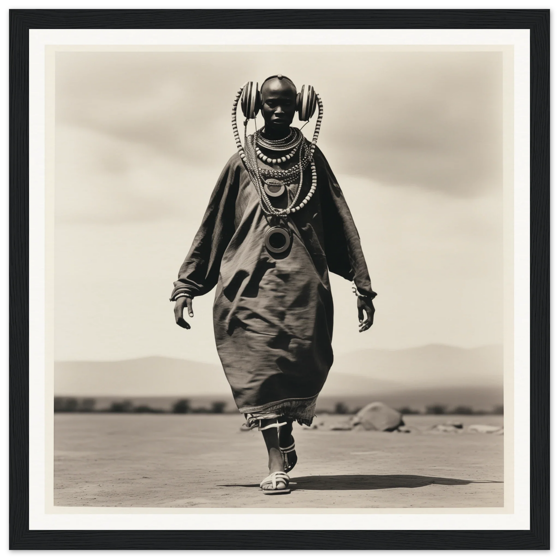 Black and white photo of a Maasai in traditional dress for Timeless Tribal Steps art