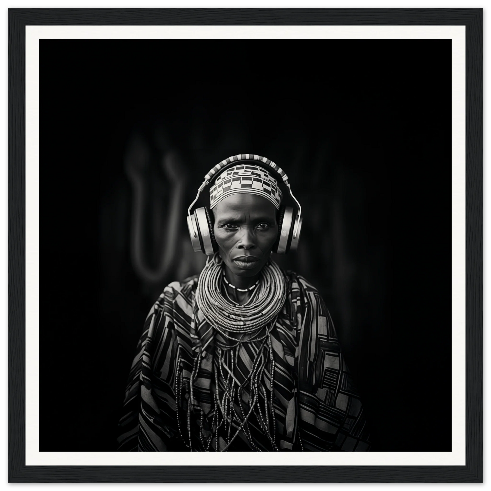 Person in traditional African attire with modern headphones, showcasing Tribal Why-Fi art