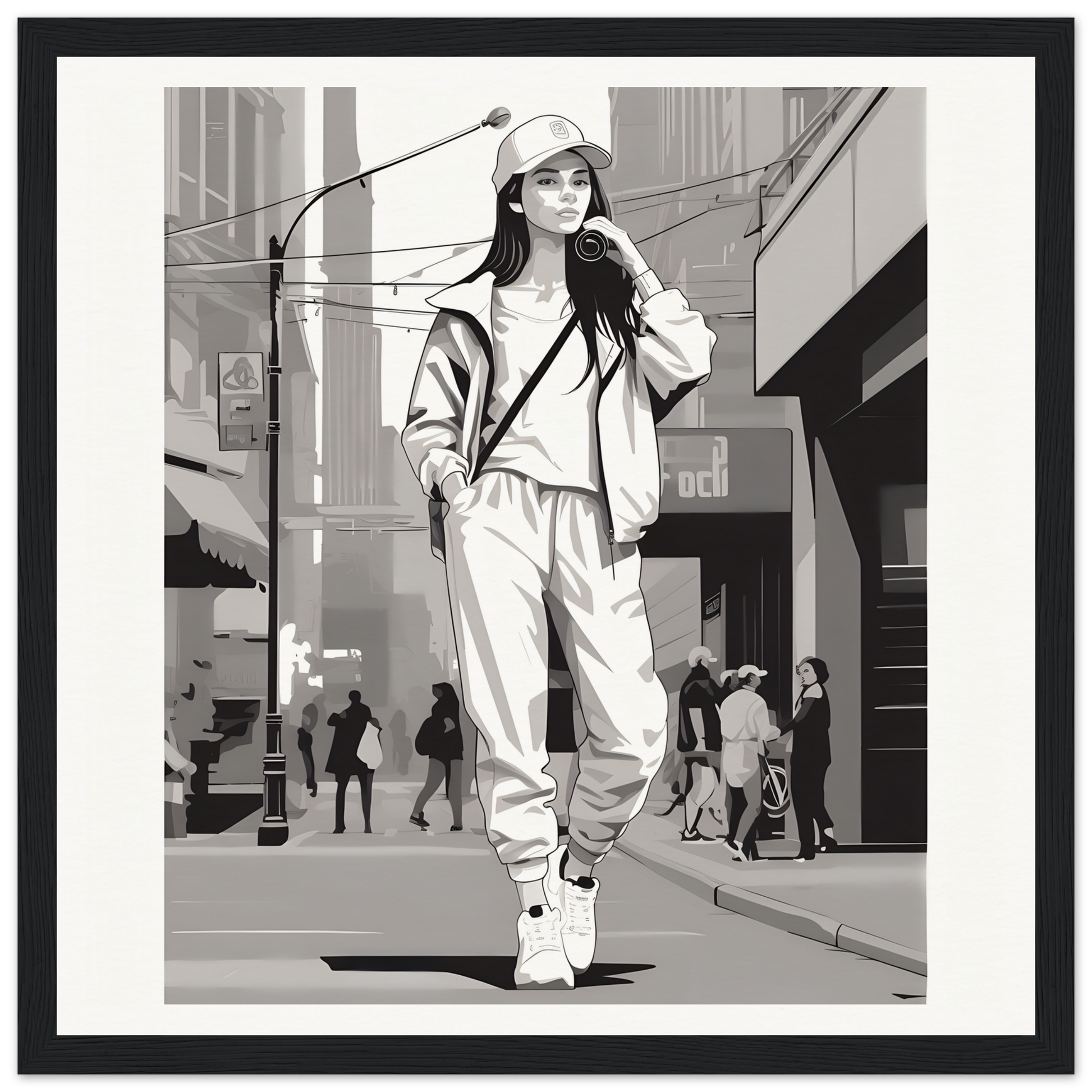 Black and white illustration of casual streetwear, part of the Urban Dreamwalk Vogue collection