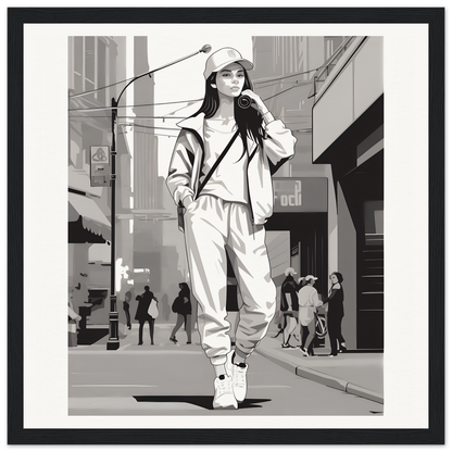 Black and white illustration of casual streetwear, part of the Urban Dreamwalk Vogue collection