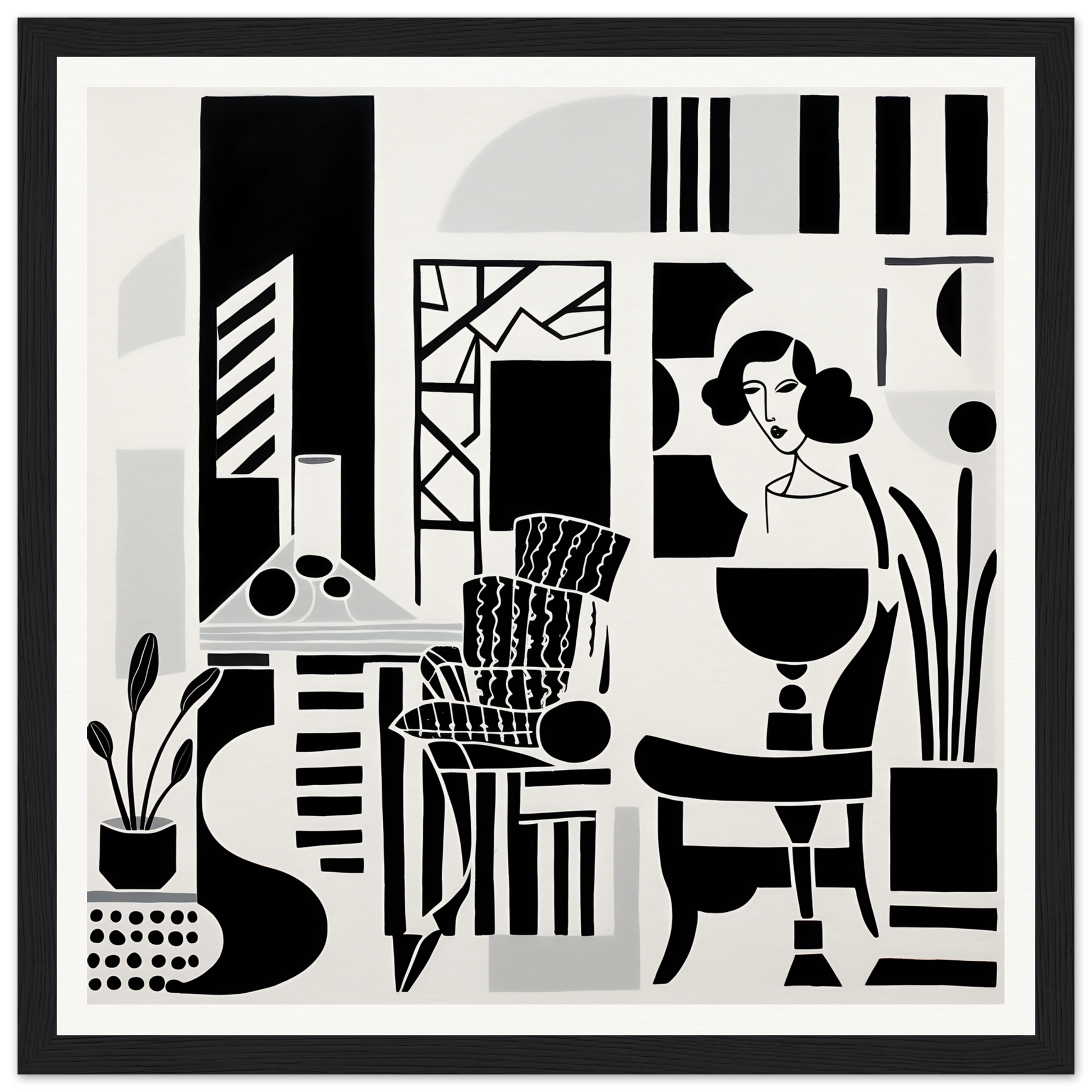 Black and white geometric art print of abstract interior for Urban Simba Masquerade