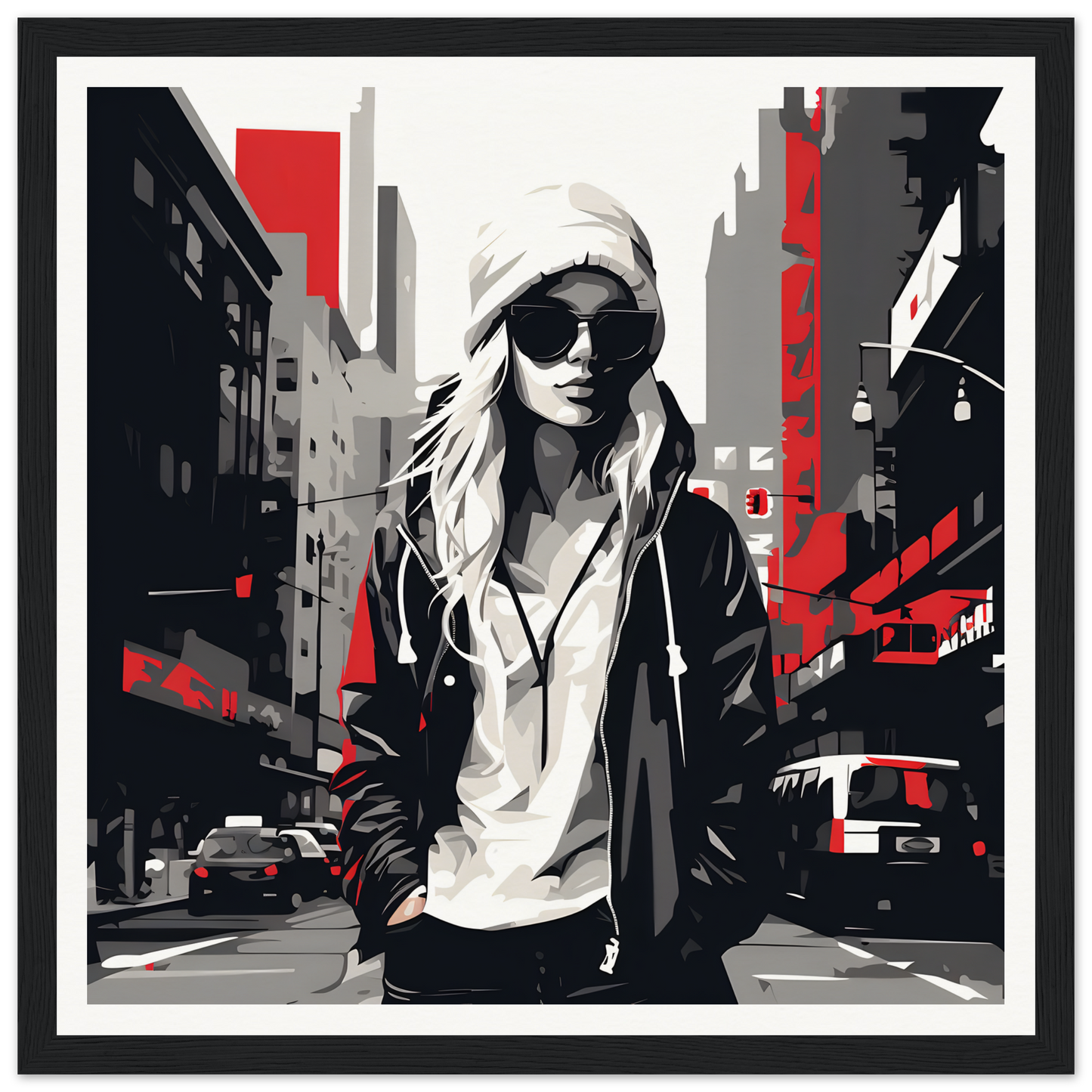 Stylized black, white, and red urban artwork in Urban Spirit Redux framed posters